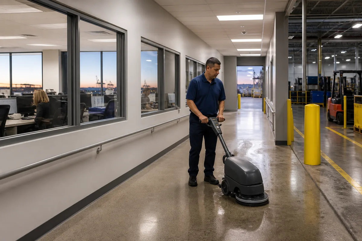 Commercial cleaner operating a floor scrubber in a Cape Canaveral logistics administration facility