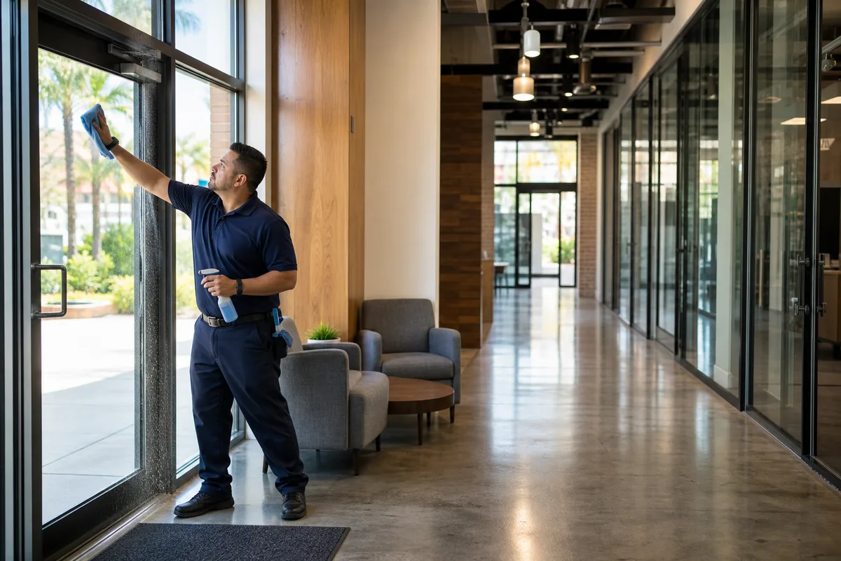 Commercial cleaner washing entry glass in a Cocoa mixed-use professional interior