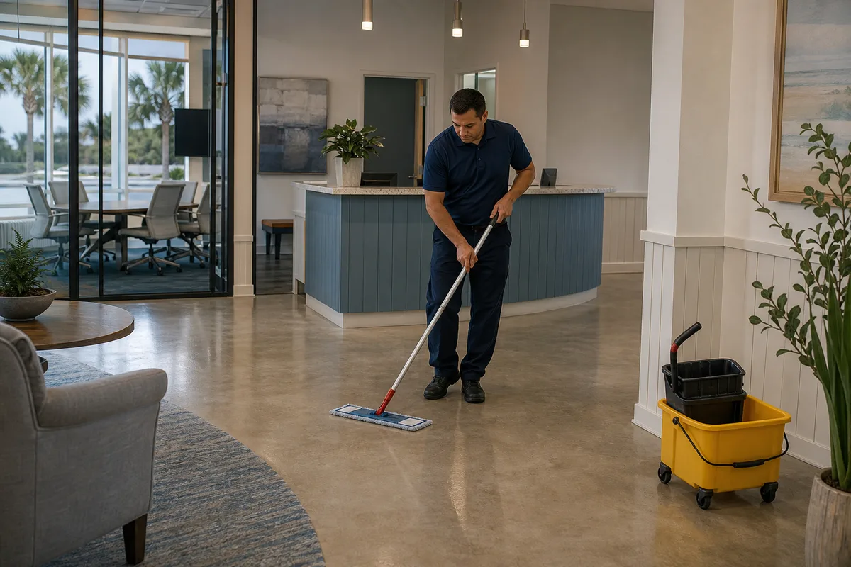 Commercial cleaner mopping a Melbourne Beach community professional-office entry
