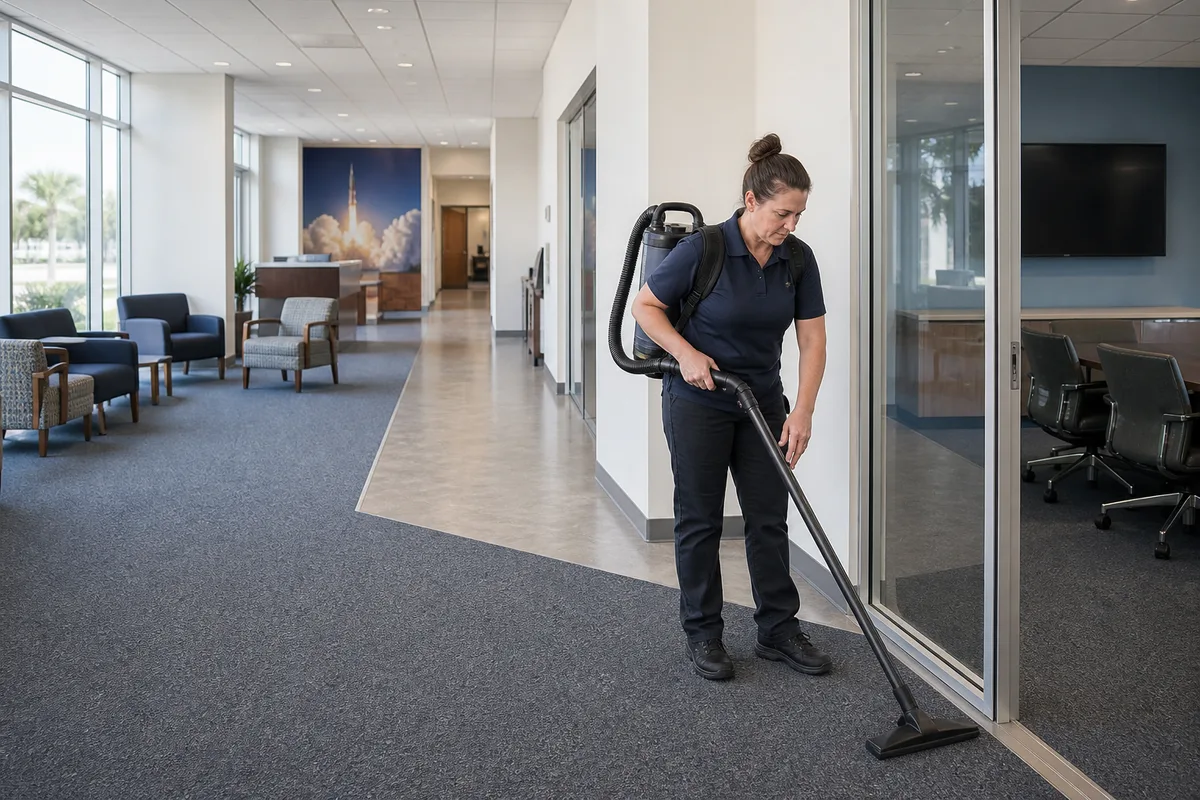 Commercial cleaner vacuuming a Merritt Island professional and public-service office corridor