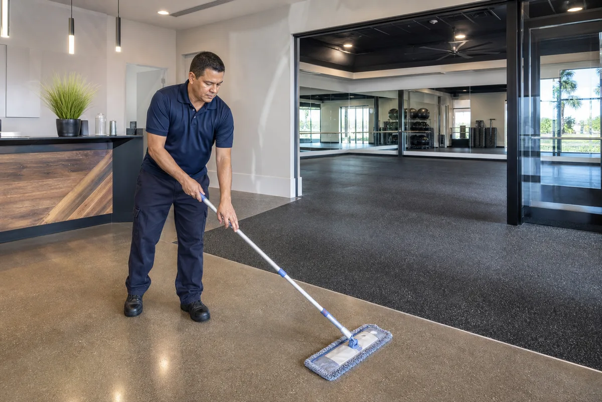 Commercial cleaner mopping a Satellite Beach fitness and wellness facility common area