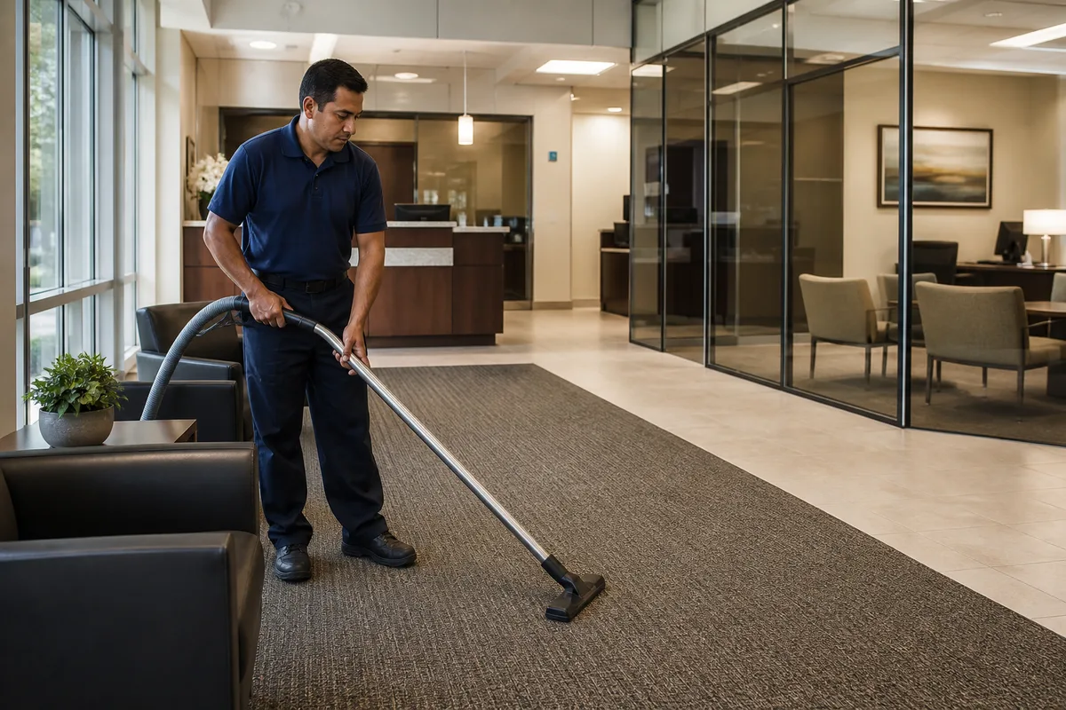 Commercial cleaner vacuuming a Suntree professional-office waiting area