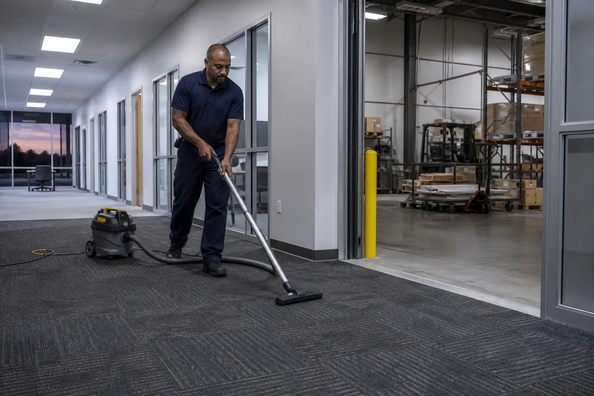 Commercial cleaner vacuuming an aerospace-adjacent Titusville office and operations corridor